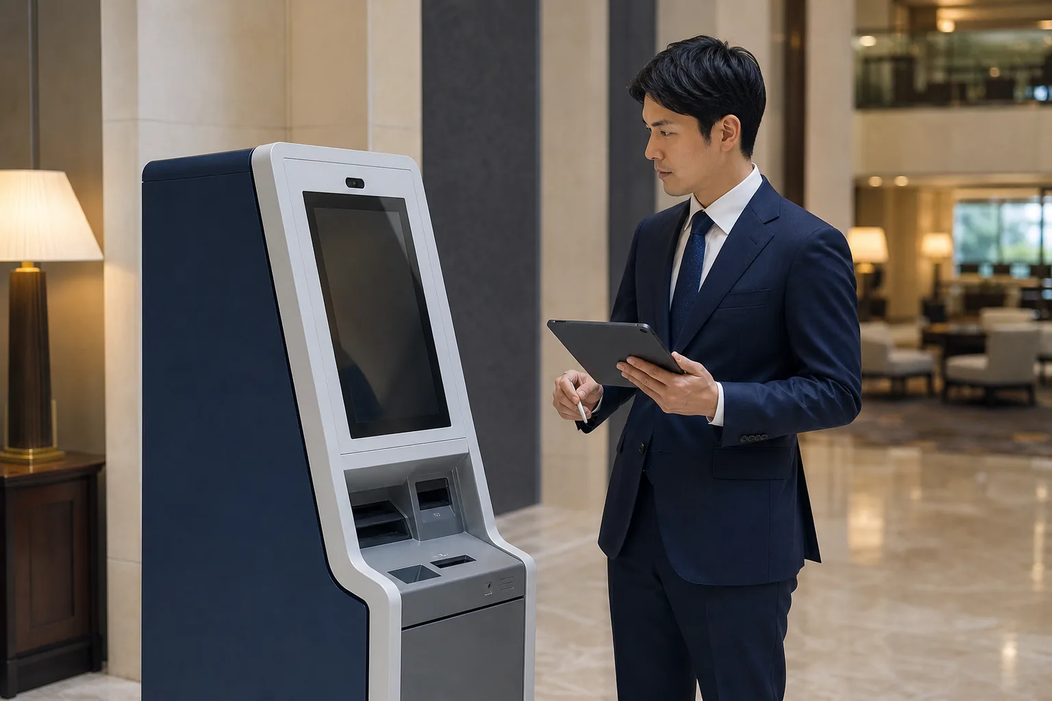 外貨両替機の設備仕様を確認する担当者