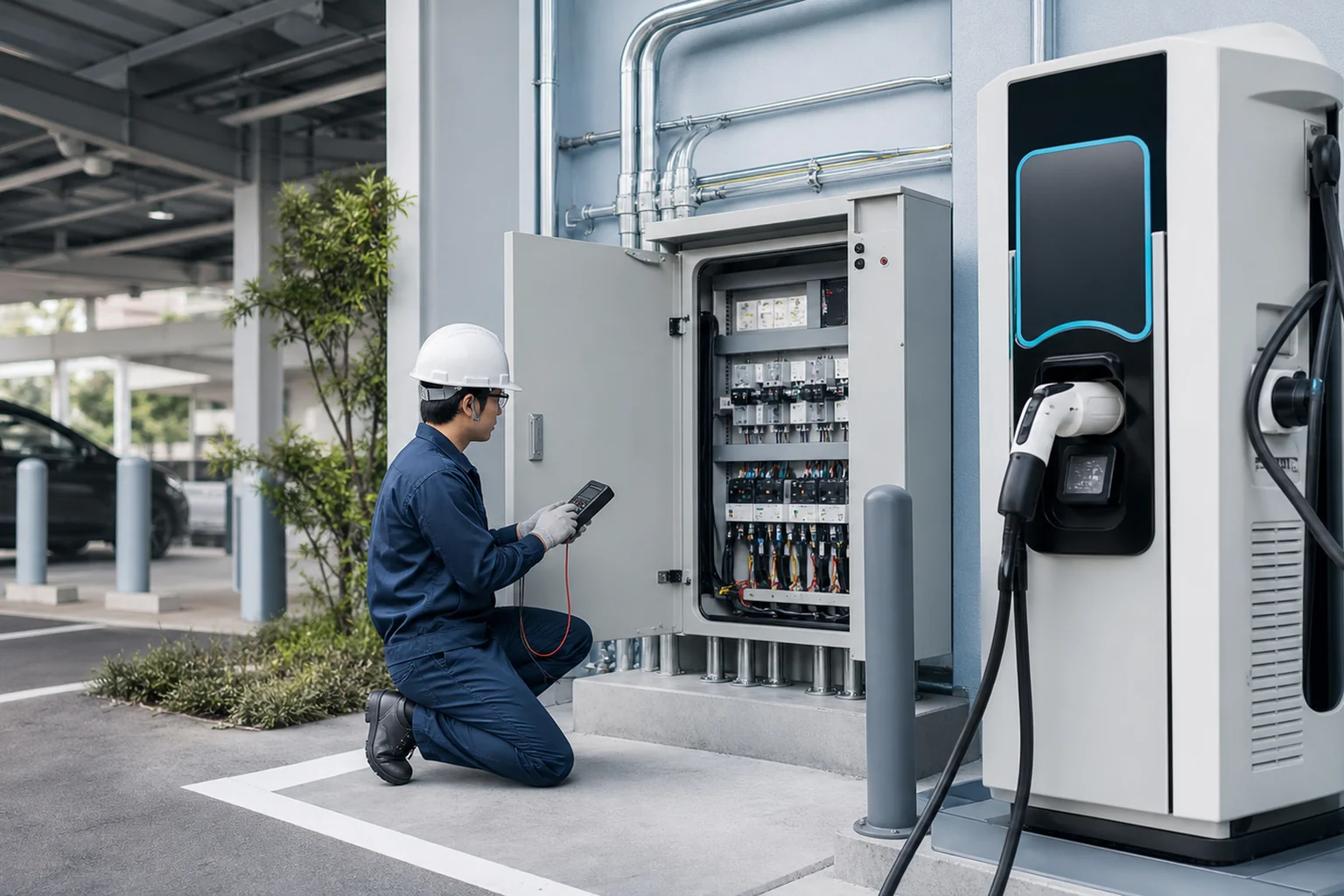 EV充電器と受変電設備を点検する技術者