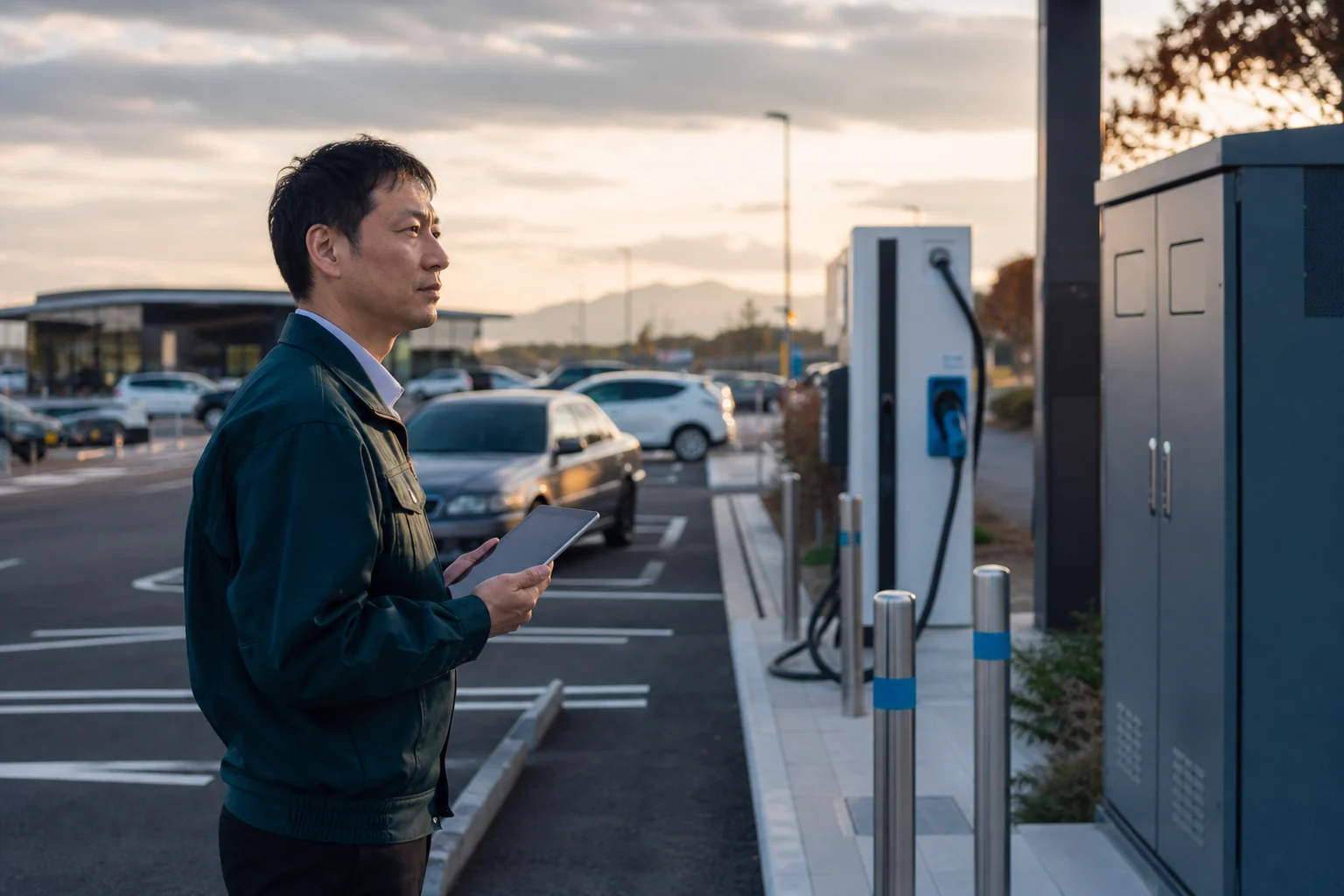 EV充電器の利用見込みと設置採算を確認する施設担当者