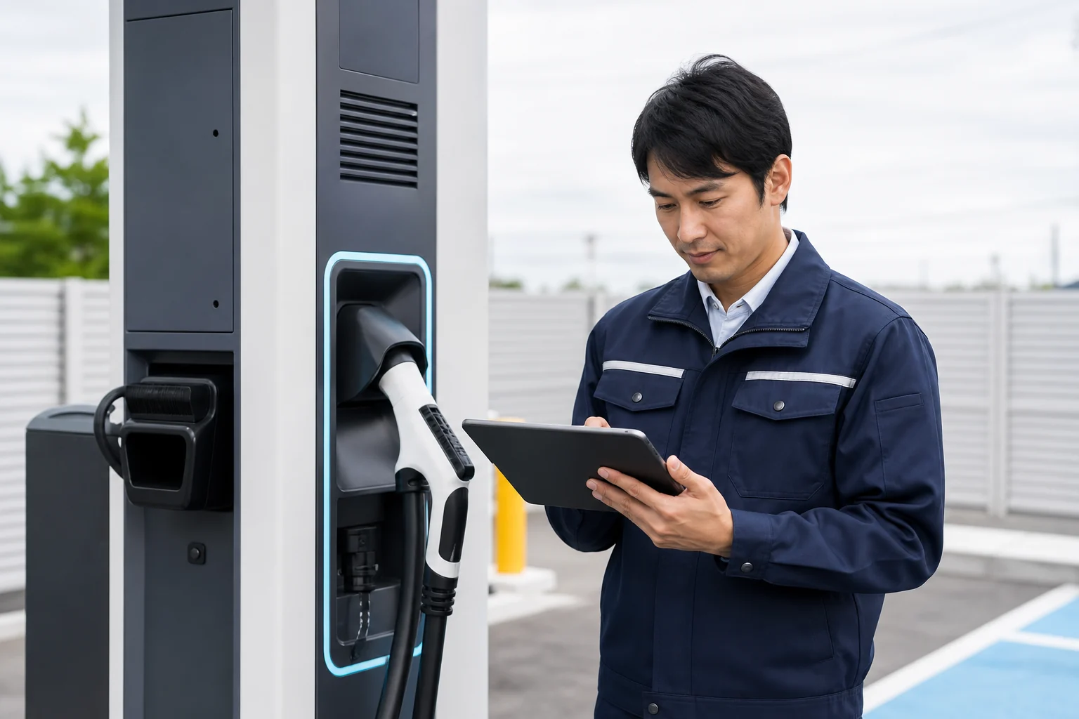 EV充電器の仕様書と証明書を確認する技術担当者